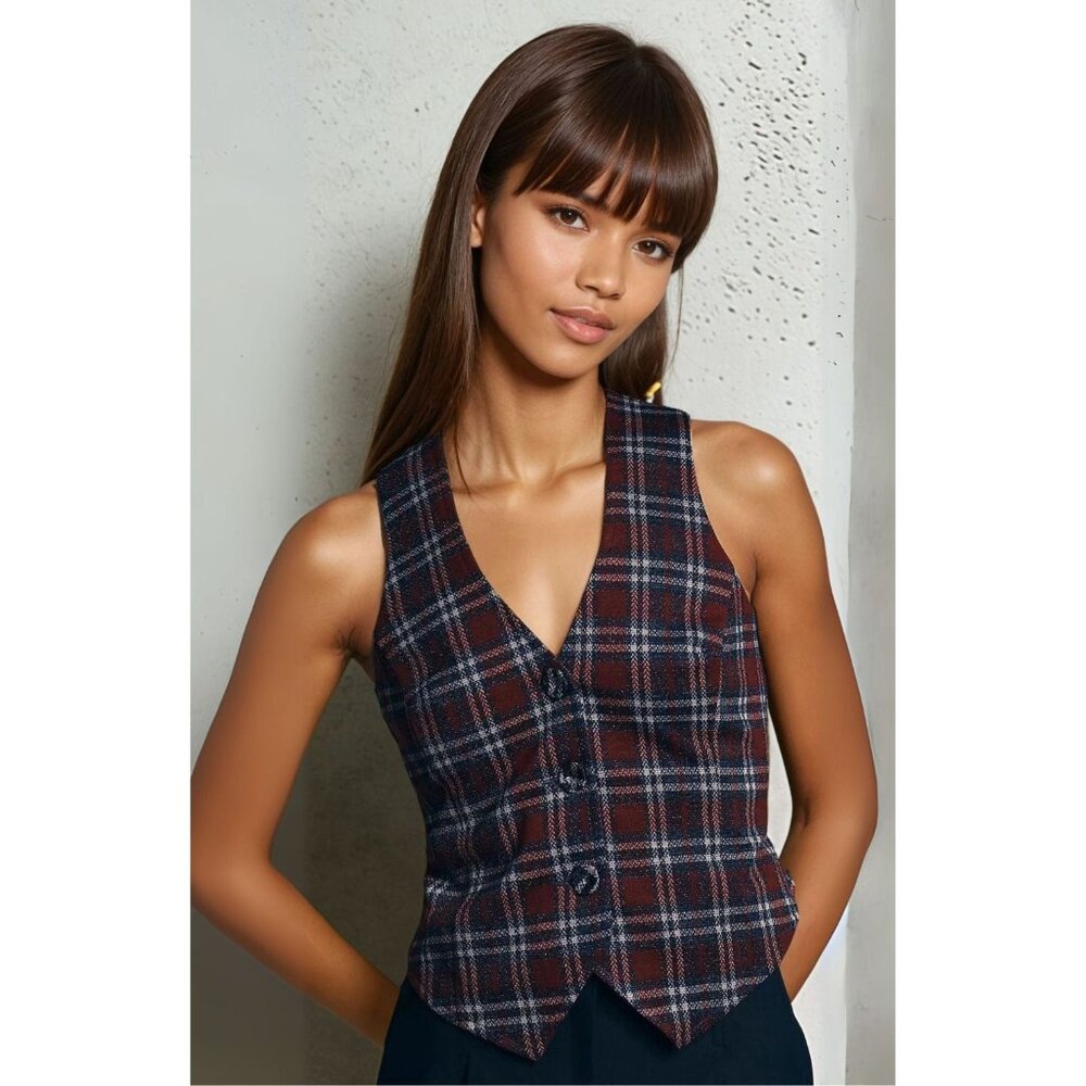 Anthropologie Eva Franco Plaid Vest with Buttons and Back Belt in Navy